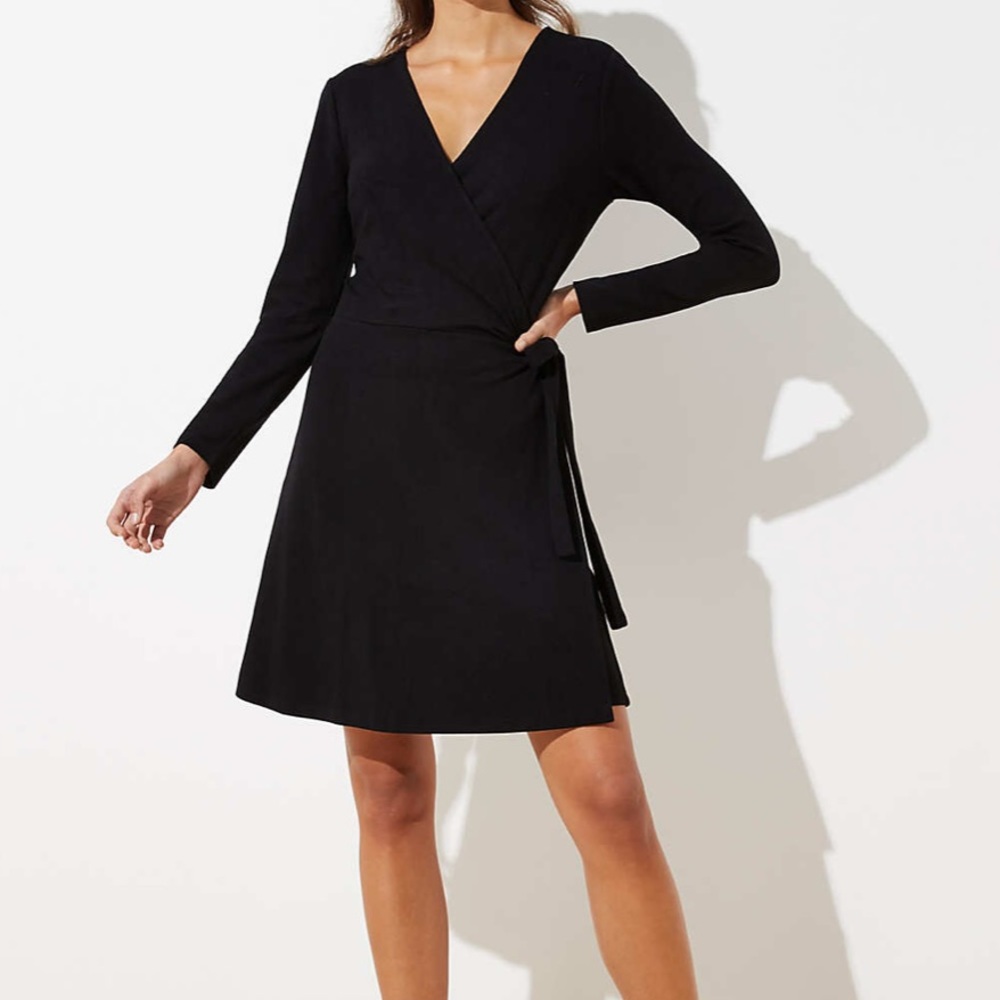 LOFT Black knit wrap dress with long sleeves